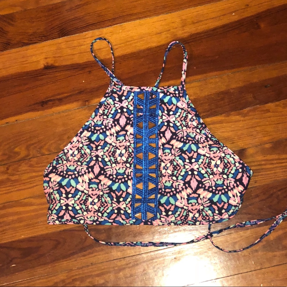 Multi colored halter bikini top with X back